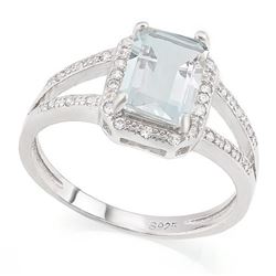 Emerald Cut Aquamarine Ring with White Sapphires in Sterling Silver