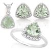 Image 1 : Trillion 4CTW Green Amethyst and Diamond Ring Earring and Necklace Set in Sterling Silver