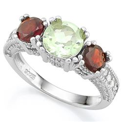 Garnet and Green Amethyst 3 Stone Ring in Sterling Silver