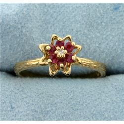 Ruby and Diamond Flower Ring with nature/branch design shank in 10k Gold