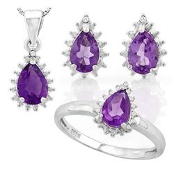 Amethyst 2.6CTW Ring Earring and Necklace Set in Sterling Silver