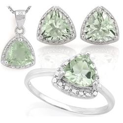 Trillion 4CTW Green Amethyst and Diamond Ring Earring and Necklace Set in Sterling Silver