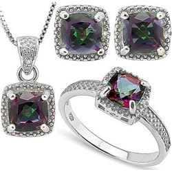 Cushion Cut Mystic Topaz and Diamond Ring Earring and Necklace Set in Sterling Silver