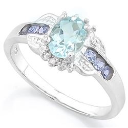 Tanzanite and Aquamarine Deco Style Ring in Platinum over Sterling Silver
