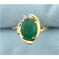 Large Cabochon Emerald and Diamond Ring in 14k Gold