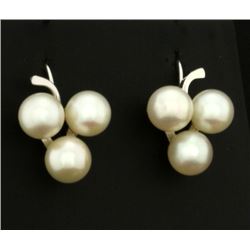 3 Pearl Clover Style Earrings for Non Pierced Ears in 14k White Gold