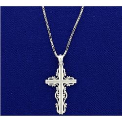 Highly Embellished Cross Pendant and Box Link Chain in 14k White Gold