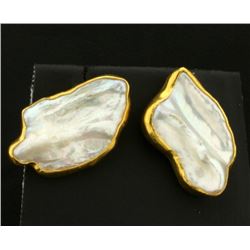 Signed Betsy Fuller Designer 18k Gold and Mother of Pearl Clip on Earrings