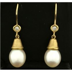 Pearl and Diamond Dangle Drop Earrings in 14k Gold
