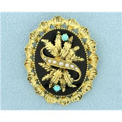 Antique Victorian Era Onyx, Seed Pearl, and Turquoise Pendant/Pin/Brooch in 14k Gold