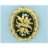 Image 1 : Antique Victorian Era Onyx, Seed Pearl, and Turquoise Pendant/Pin/Brooch in 14k Gold