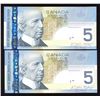 Image 2 : Rare Matching Number Consecutive Set - Bank of Canada $5, 2006 & 2008 Matched Number Radar Set