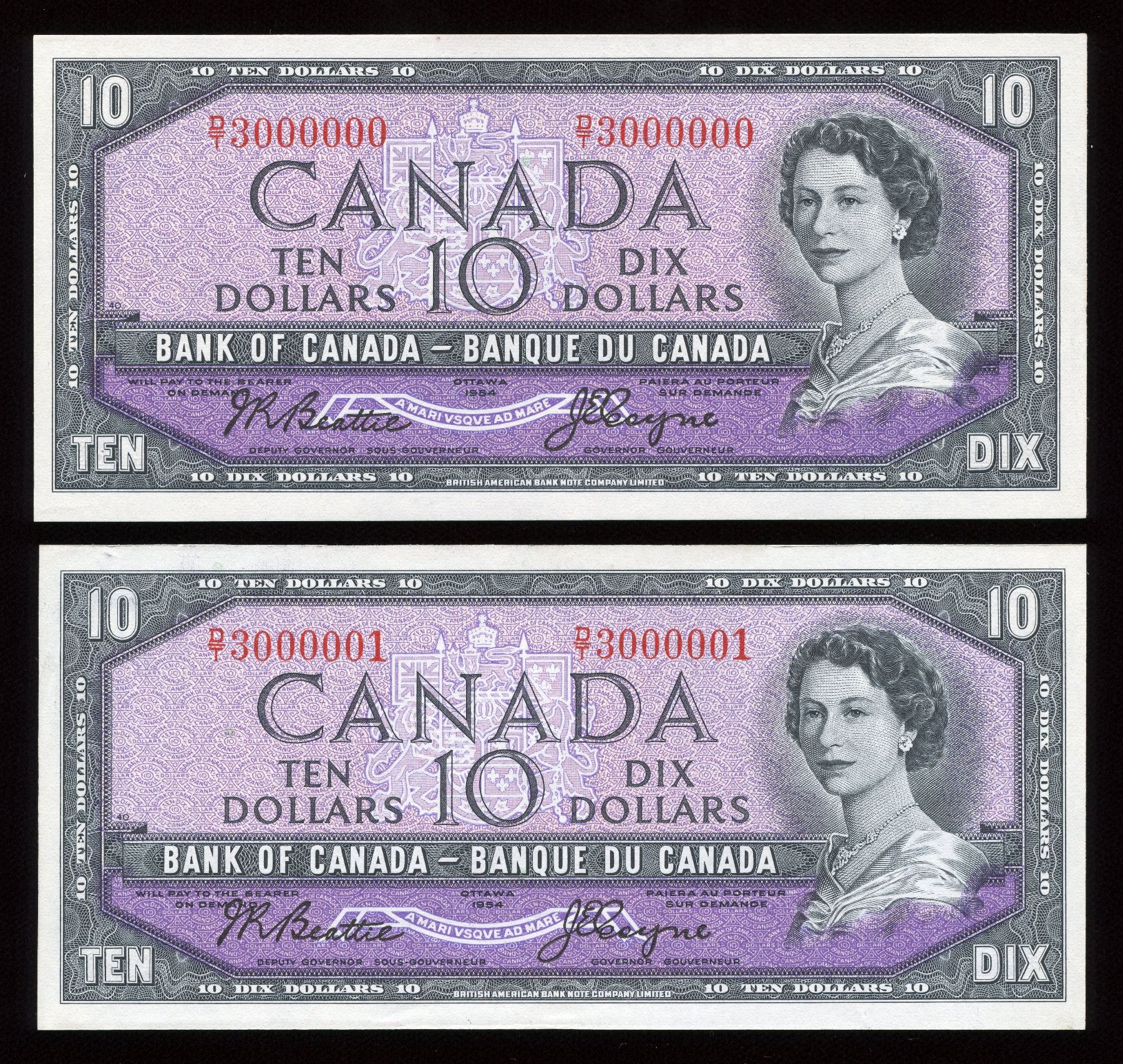 Bank of Canada $10, 1954 Million Numbered Note Plus