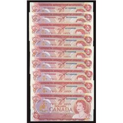 Bank of Canada $2, 1974 Million Numbered Note Complete Set - Lot of 9