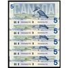 Image 2 : Bank of Canada $5, 1986 - Lot of 5 Consecutive Serial Numbered Replacements