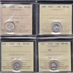 Canada ICCS-graded Ten Cents Lot of 4