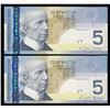 Image 2 : Rare Matching Number Consecutive Set - Bank of Canada $5, 2006 & 2008 Matched Number Radar Set