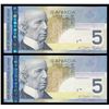 Image 2 : Rare Matching Number Consecutive Set - Bank of Canada $5, 2006 & 2008 Matched Number Radar Set