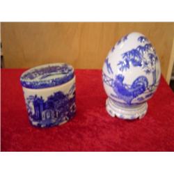 Blue/White English Porce. Covered Box & Oriental Porcelain Egg