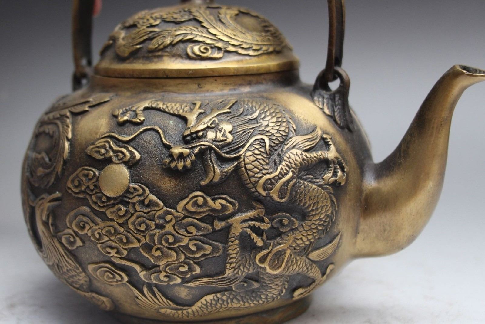 Antique Chinese Fengshui Bronze Dragon Phoenix Tea Pot