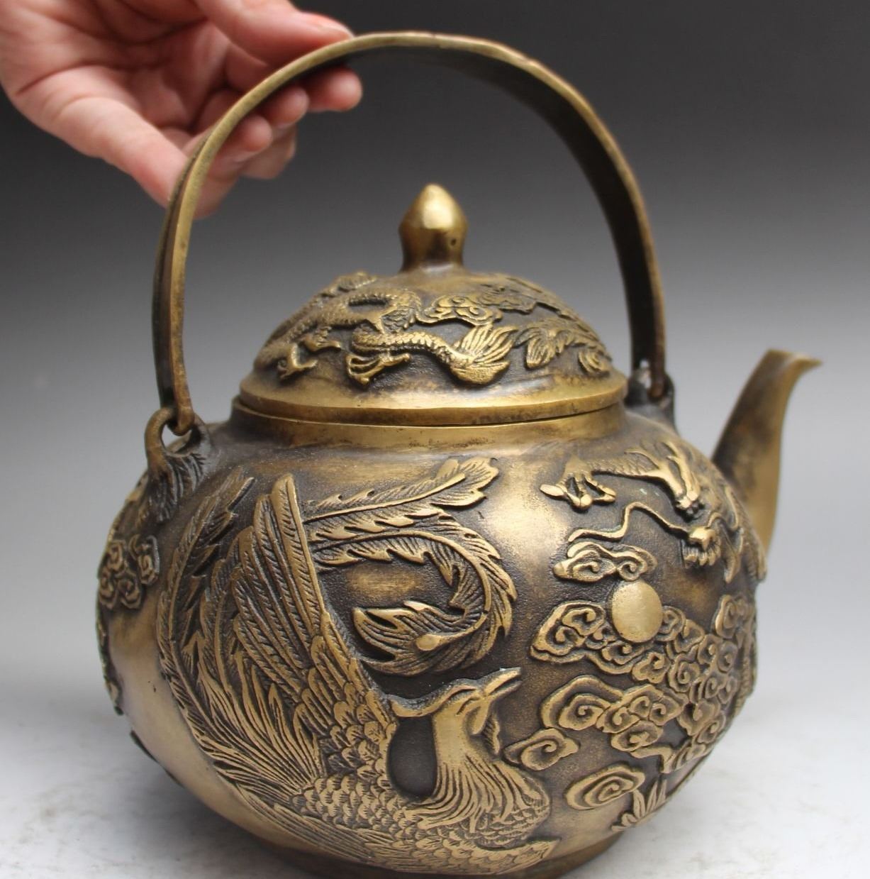 Antique Chinese Fengshui Bronze Dragon Phoenix Tea Pot