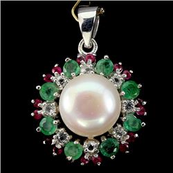 Natural Japanese Pearl Emerald Ruby White Topaz Pendant