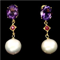 Natural Ruby Amethyst & Japanese Pearl Earings