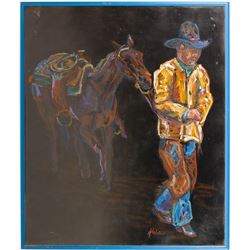 Oil Pastel of Cowboy with Horse