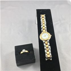 2 PIECES TOTAL, 1 - LADIES CUSTOM MADE 18KT YELLOW GOLD & WHITE GOLD DIAMOND SET DRESS RING.