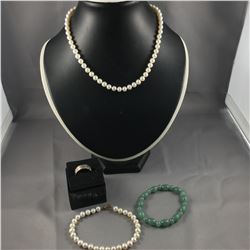 4 PIECES TTL. 1- CHOKER LENGTH STRAND OF WHITE NEAR SPHERICAL FRESH WATER CULTURED PEARLS,