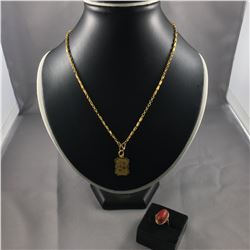 3 PIECES TTL. 1 - LADIES 14KT YELLOW GOLD NATURAL RED CORAL DRESS RING, OVAL SHAPED DESIGN, 1 OVAL