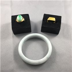 3 PIECES TTL. 1 - LADIES 14KT YELLOW GOLD NATURAL BURMESE JADEITE VINTAGE STYLE DRESS RING,  1 OVAL