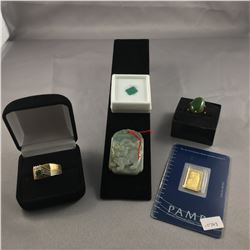 5 ITEMS TTL. 1-ONE 10KT YELLOW GOLD GENTS NATURAL EMERALD DRESS RING, CONTEMPORARY SOLITAIRE DESIGN,