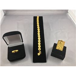 3 ITEMS TTL. 1-ONE 22-24KT YELLOW GOLD LINK STYLE BRACELET, WEIGHS 23.30 GRAMS, 8.75 X 7.40 MM.,