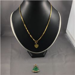 ONE 14KT YELLOW GOLD JADE COMPOSITE  AND COLOURLESS CUBIC ZIRCONIA BUDDHA PENDANT. HAS A 14KT