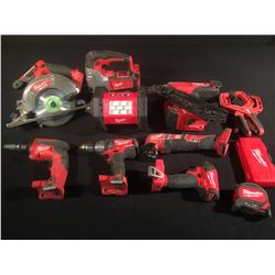 LARGE LOT OF MILWAUKEE CORDLESS TOOLS: FRAMING NAILER, CIRCULAR SAW, JIGSAW, FLOOD LIGHT, 3 DRILLS &