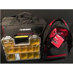 HUSKY TOOL BAG, DEWALT PARTS CASE & MILWAUKEE JOB SITE BACKPACK