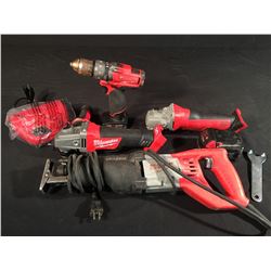 LOT OF ASSORTED MILWAUKEE POWER TOOLS: 1 DRILL, 2 GRINDERS, SAWZALL, 2 BATTERIES & CHARGER