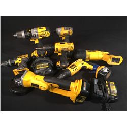 LOT OF ASSORTED DEWALT POWER TOOLS: 5 DRILLS, GRINDER, SAWZALL, 4 BATTERIES & 2 CHARGERS