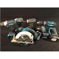 LOT OF ASSORTED MAKITA POWER TOOLS: 4 DRILLS, CIRCULAR SAW, SAWZALL & 6 BATTERIES