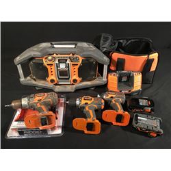 LOT OF ASSORTED RIDGID POWER TOOLS: 3 DRILLS, JOB SITE RADIO, 2 BATTERIES & CHARGER