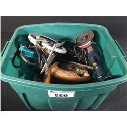BIN OF ASSORTED POWER TOOLS: CIRCULAR SAWS, GRINDERS
