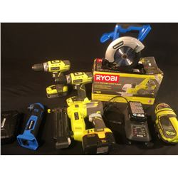 LOT OF ASSORTED POWER TOOLS: RYOBI NAIL GUN, 2 DRILLS, FLASHLIGHT, PLANER & MORE