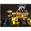 Image 1 : LOT OF ASSORTED POWER TOOLS: RYOBI NAIL GUN, 2 DRILLS, FLASHLIGHT, PLANER & MORE