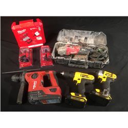 LOT OF ASSORTED POWER TOOLS: HILTI TE 4-A22 HAMMER DRILL, 2 DEWALT DRILLS, MILWAUKEE GRINDER & MORE