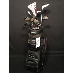 PING GOLF BAG WITH LH CLUBS: TAYLOR MADE R15 DRIVER, BURNER 1, 3, RESCUE & 4-9 IRONS, A/P,