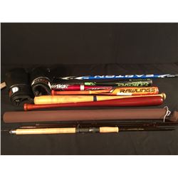 LOT OF ASSORTED BASEBALL BATS, FLY FISHING ROD & MORE