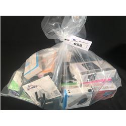 BAG OF ASSORTED HEADPHONES, CHARGERS, ACTION CAMERAS