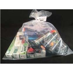 BAG OF ASSORTED KITCHEN KNIVES, MUGS, SHOWER HEADS, VACUUM SEALER BAGS & MORE