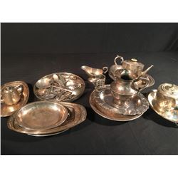 LOT OF SILVER NICKEL/SILVER PLATED FLATWARE & SERVING DISHES